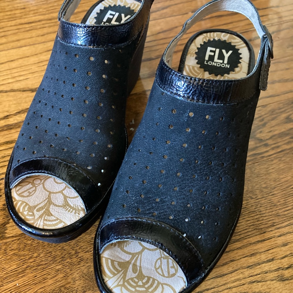 Fly London Black Peep-Toe Wedges Sz 37